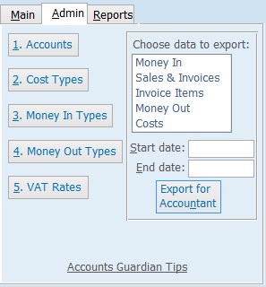 Admin tab from the Accounts Guardian database