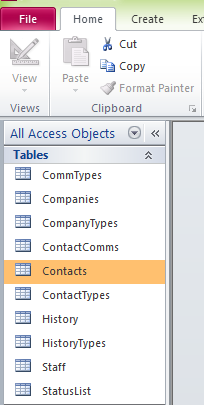 The Access Objects pane window (2010 Version).