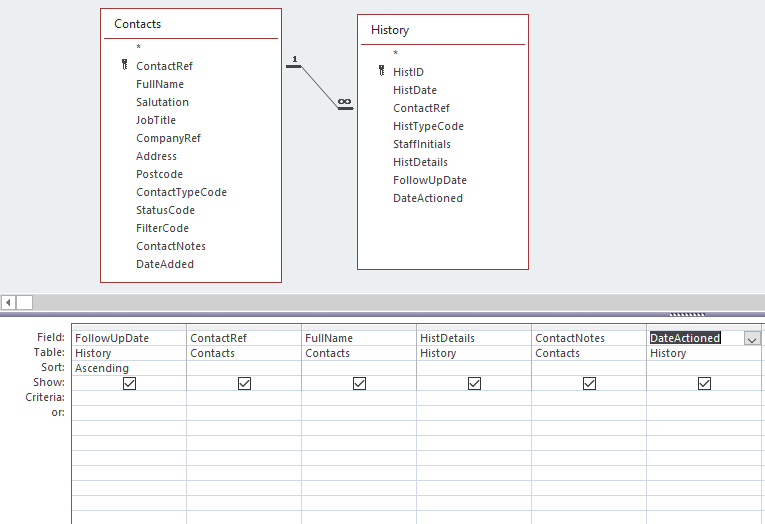Microsoft Access: The query design view.