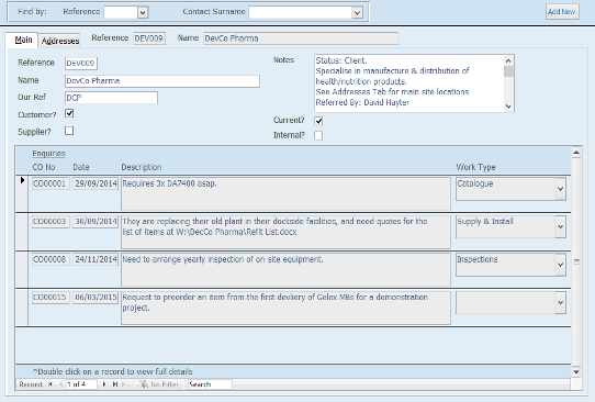 One screen from a CRM system with integrated Enquiry Management