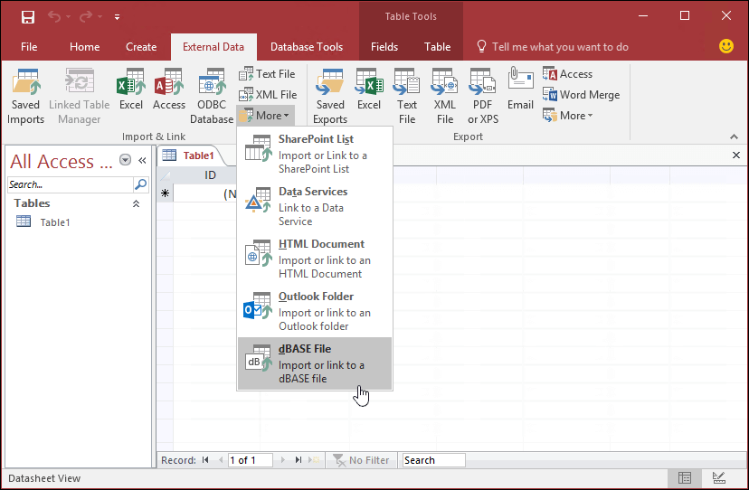 Microsoft Access 2019 dBASE link