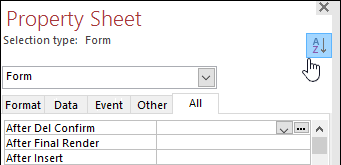 Microsoft Access 2019 property sheet sorting