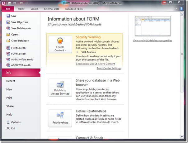 Access 2010 file menu