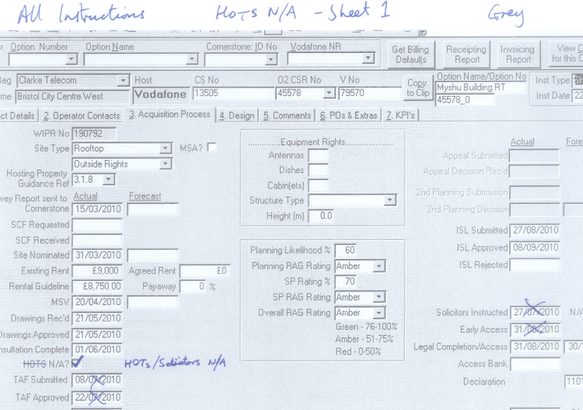 Screenshot of Access database with user changes scribbled on top