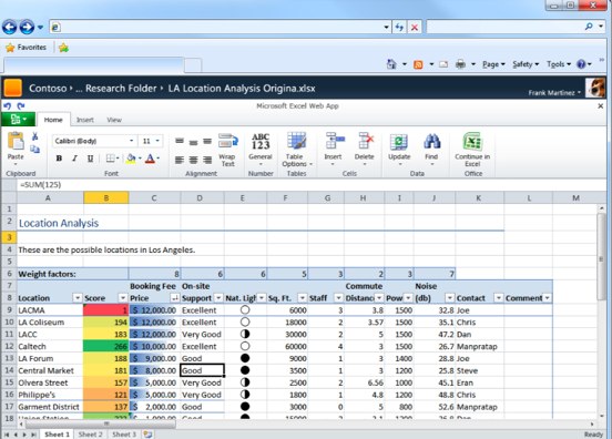 Using Microsoft Excel 2010 on a phone