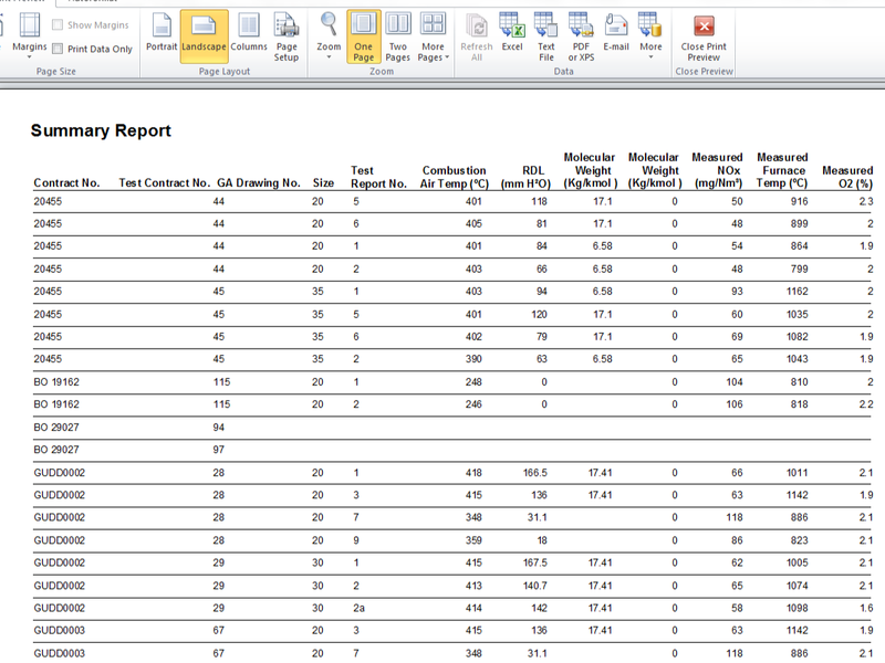 Large demo of a report from our burners management database