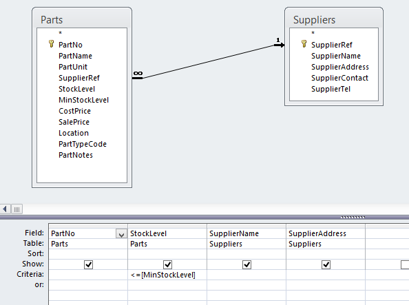 The query design grid in Access 2010 (same as Access 2013, Access 2016, Access 2019)