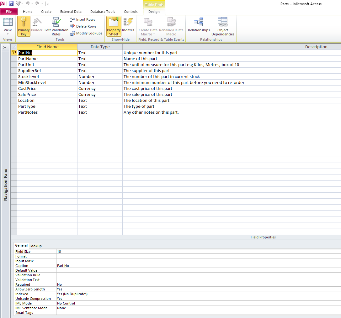 Microsoft Access Stock Control table