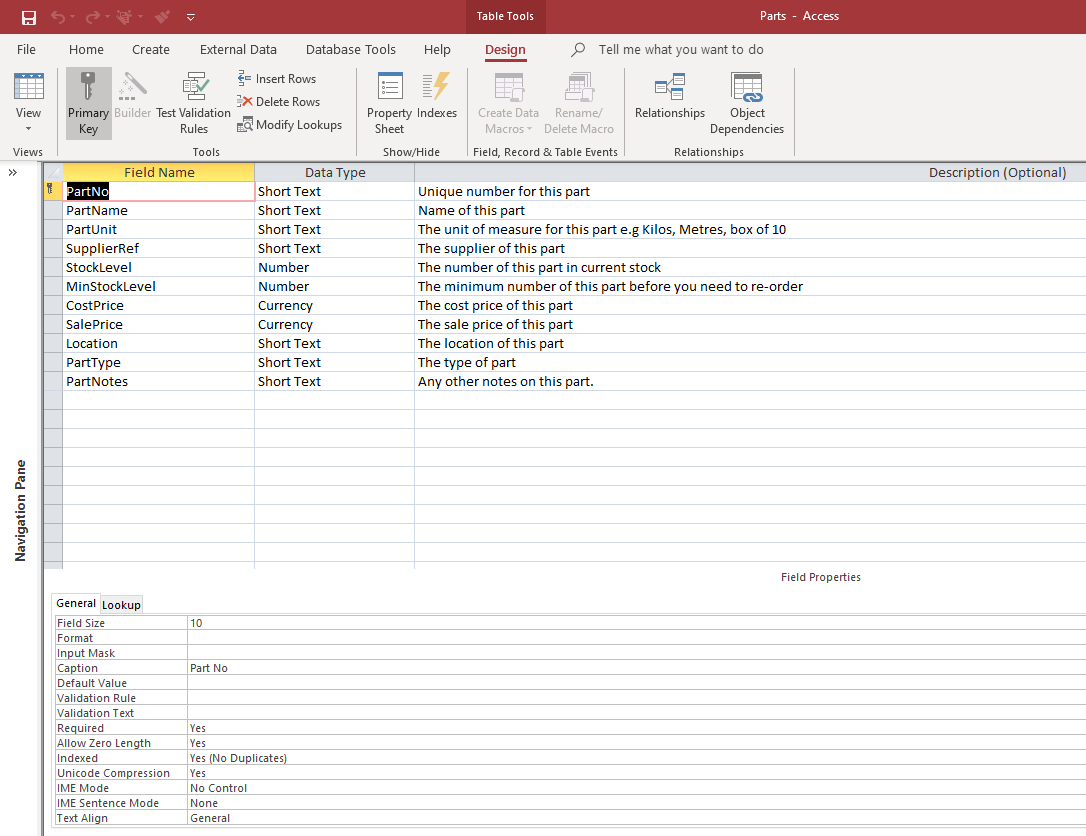 MS Access Stock Control table